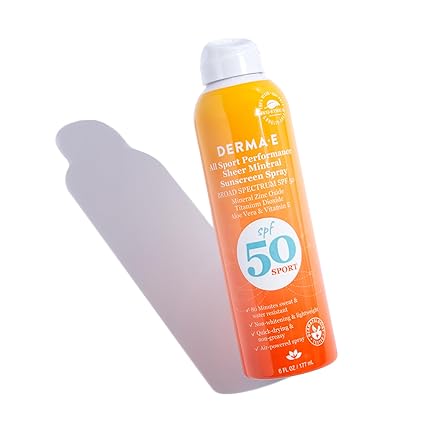 DERMA E All Sport Performance Sheer Mineral Sunscreen Spray SPF 50 – Broad Spectrum Protection for Athletes – Water Resistant Non-Aerosol Spray Sunscreen, 6 Oz