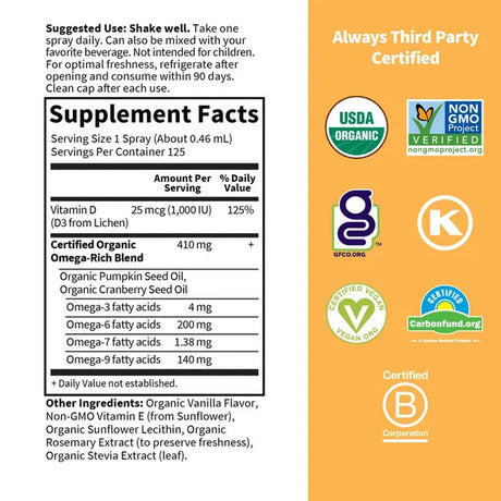 Garden of Life GOL Organics Vegan D3 Vanilla 2oz LIQUID SPRAY