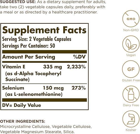 Solgar Dry Vitamin E with Yeast-Free Selenium Vegetable Capsules 100 V cap
