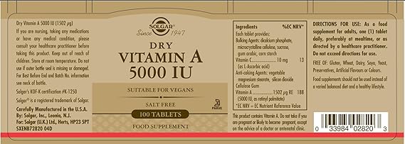 Solgar Dry Vitamin A 1500 mcg (5000 IU) Tablets 100tablet