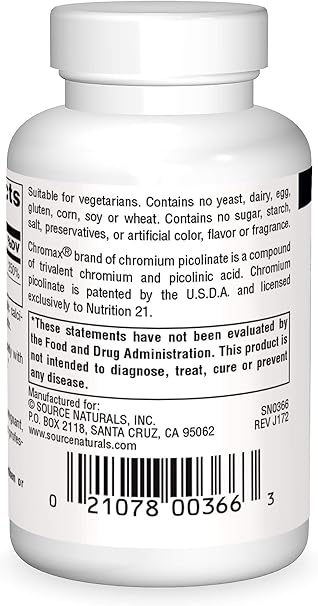 SOURCE NATURALS CHROMIUM PICOLINATE 300MCG 120