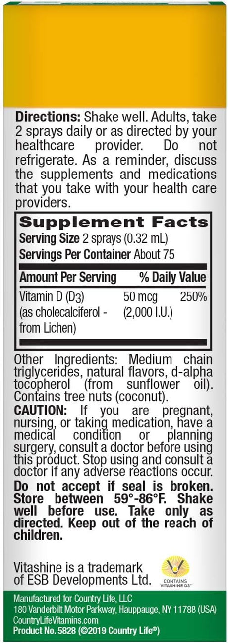 Country Life VEGAN VITAMIN D3 SPRAY 2000IU 0 Spray
