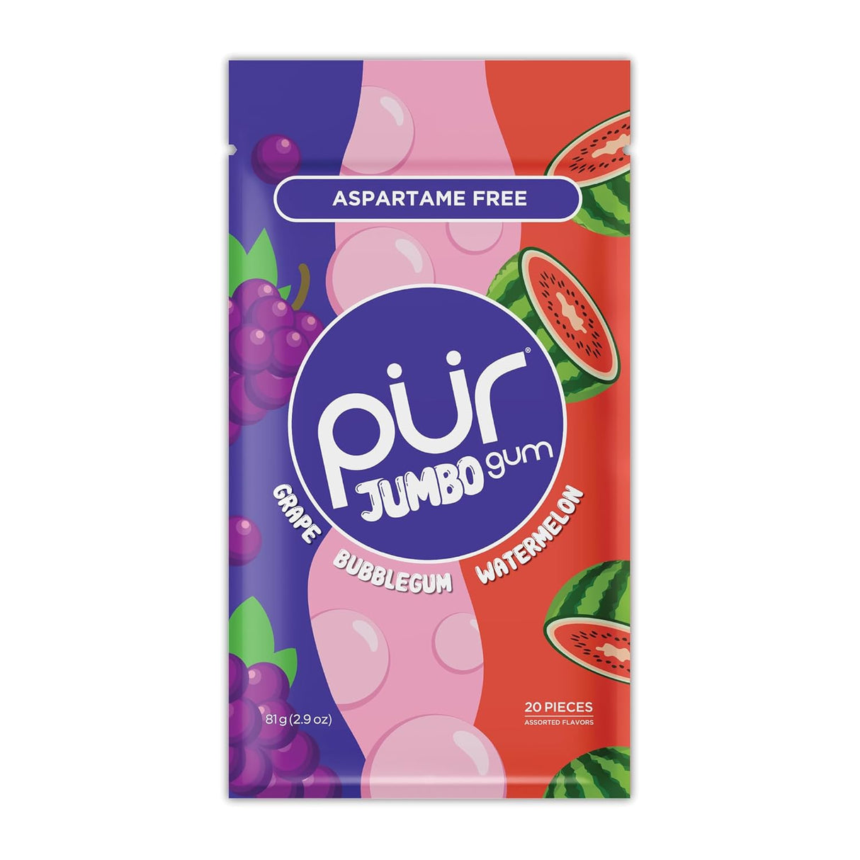 PUR GUM Grape Bubblegum Watermelon 20 Pieces - Single Pack
