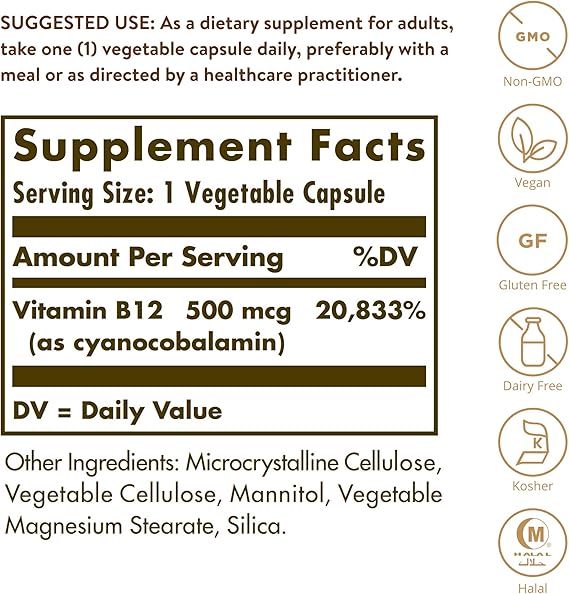 Solgar Vitamin B12 500 mcg Vegetable Capsules 250V cap