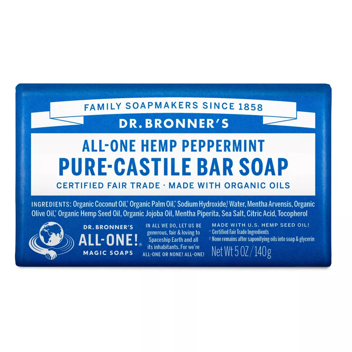 DR. BRONNER'S MAGIC SOAPS ORGANIC CASTILE BAR SOAP PEPPERMINT 5OZ