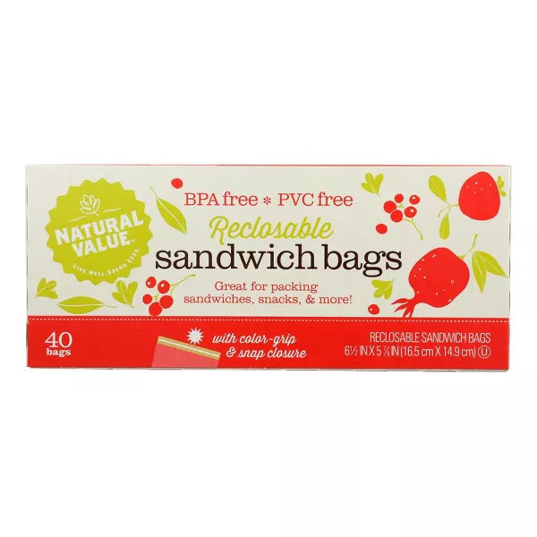 NATURAL VALUE Sandwich Bags, Recloseable 40 CT