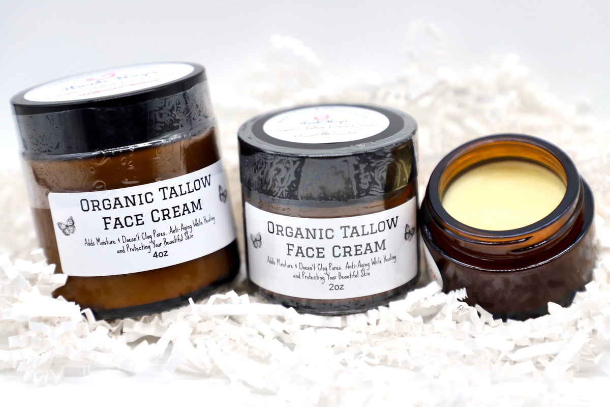 Handi-Razor Organic Tallow Face Cream in 4 oz and 2 oz amber jars