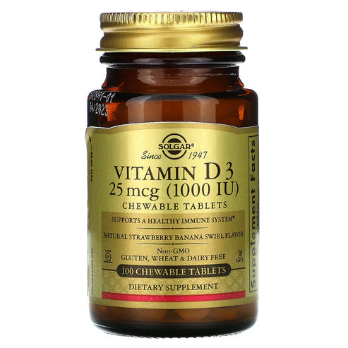 Solgar Vitamin D3 (Cholecalciferol) 25 mcg (1000 IU) Chewable Tablets - Natural Strawberry Banana Swirl Flavor 100tablet
