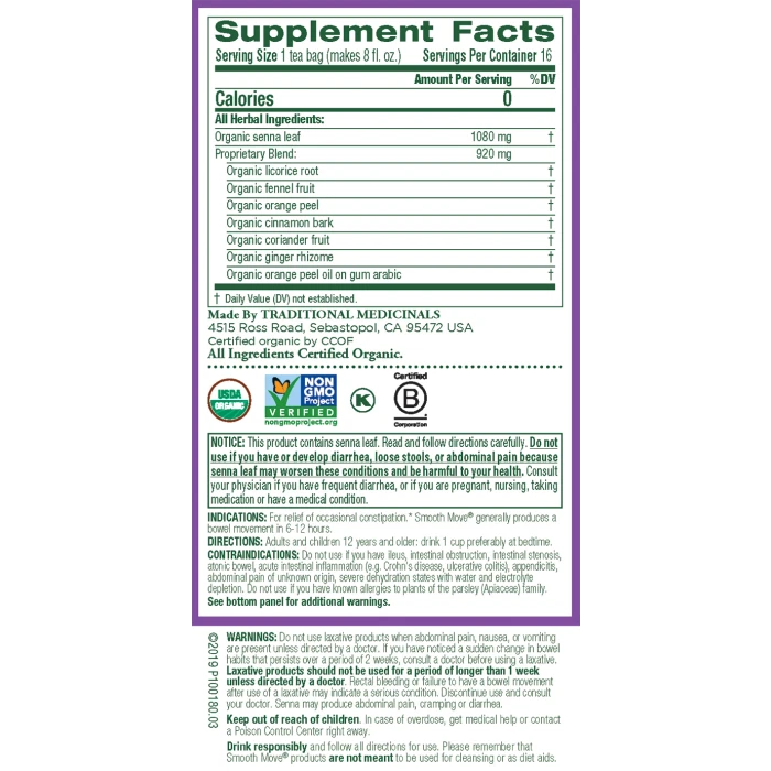 TRADITIONAL MEDICINALS TEAS Smooth Move Tea 16 BAG