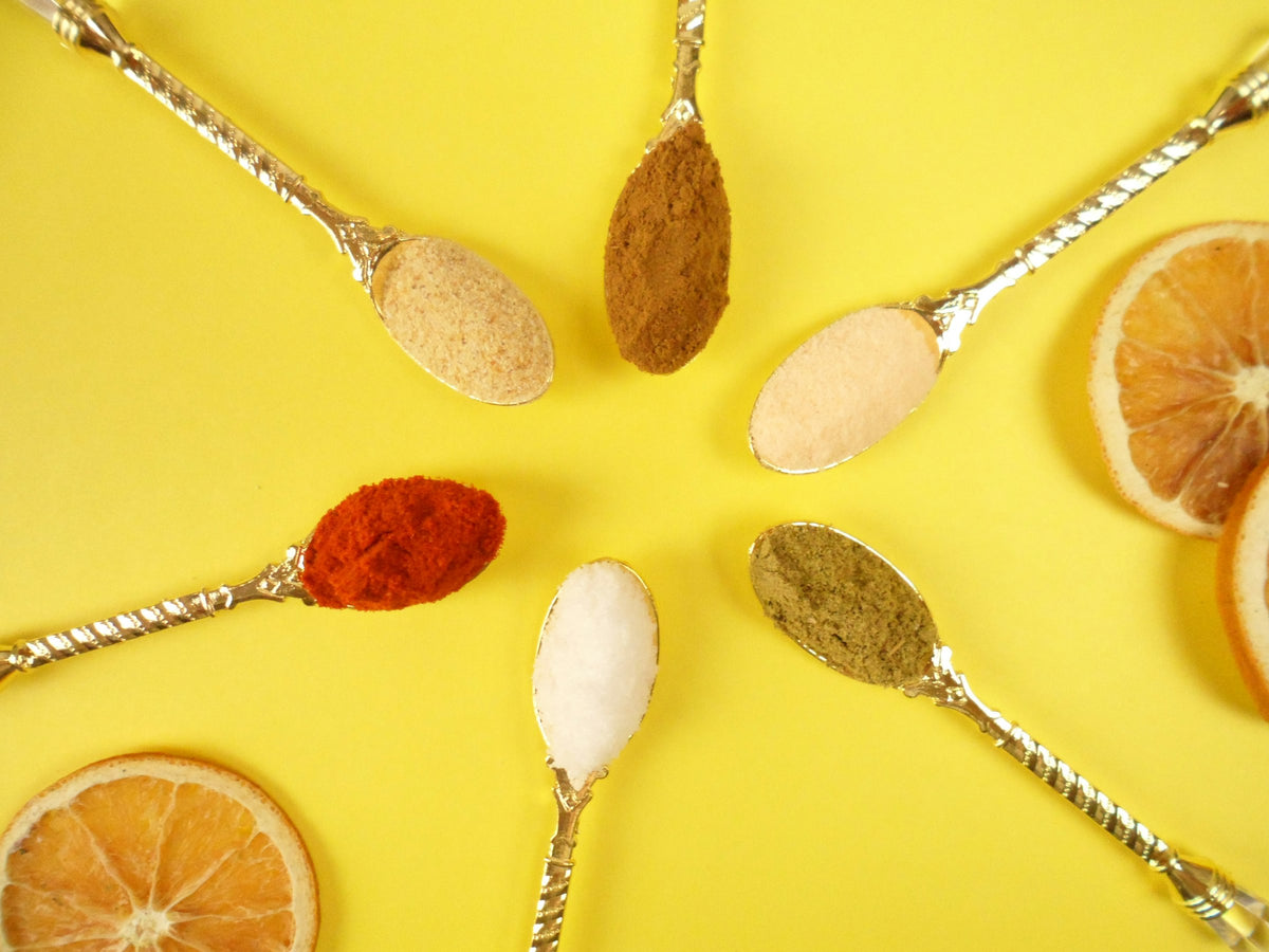 Ground spices displayed on spoons
