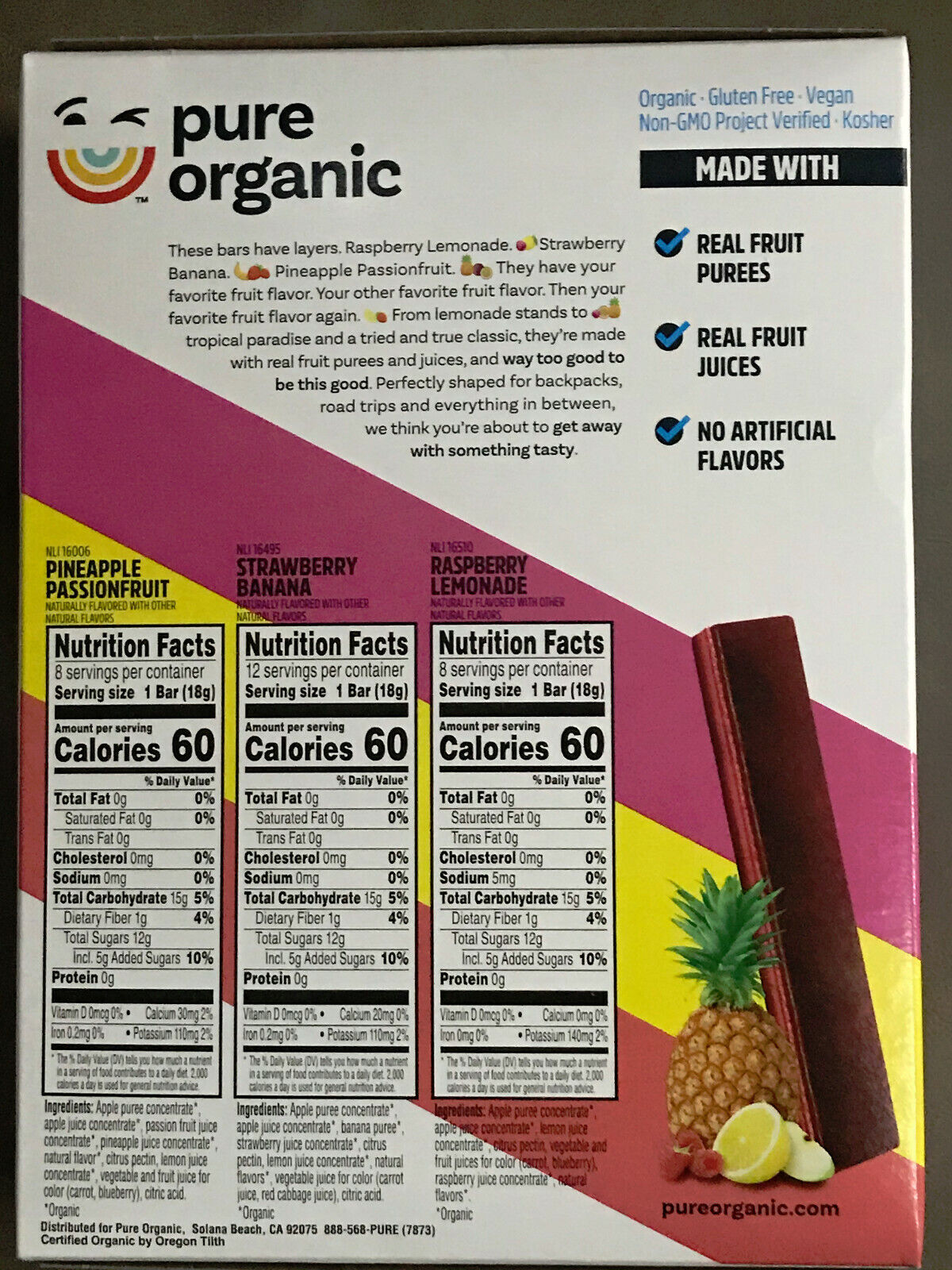 PURE ORGANIC Pineapple Passion Fruit Bar 6.2 OZ - 12 bars