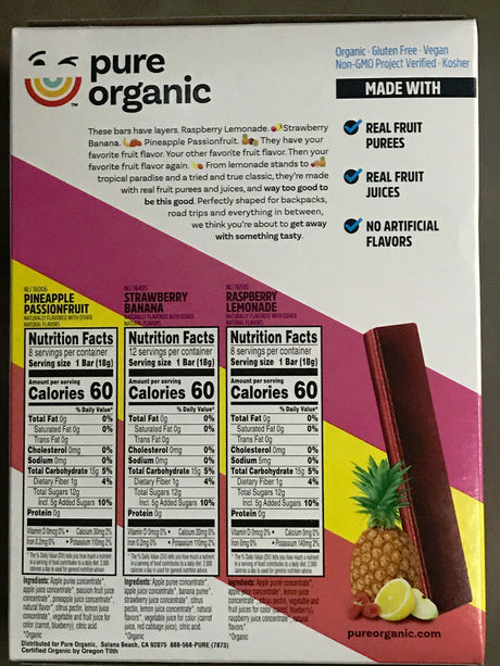PURE ORGANIC Pineapple Passion Fruit Bar 6.2 OZ - 12 bars